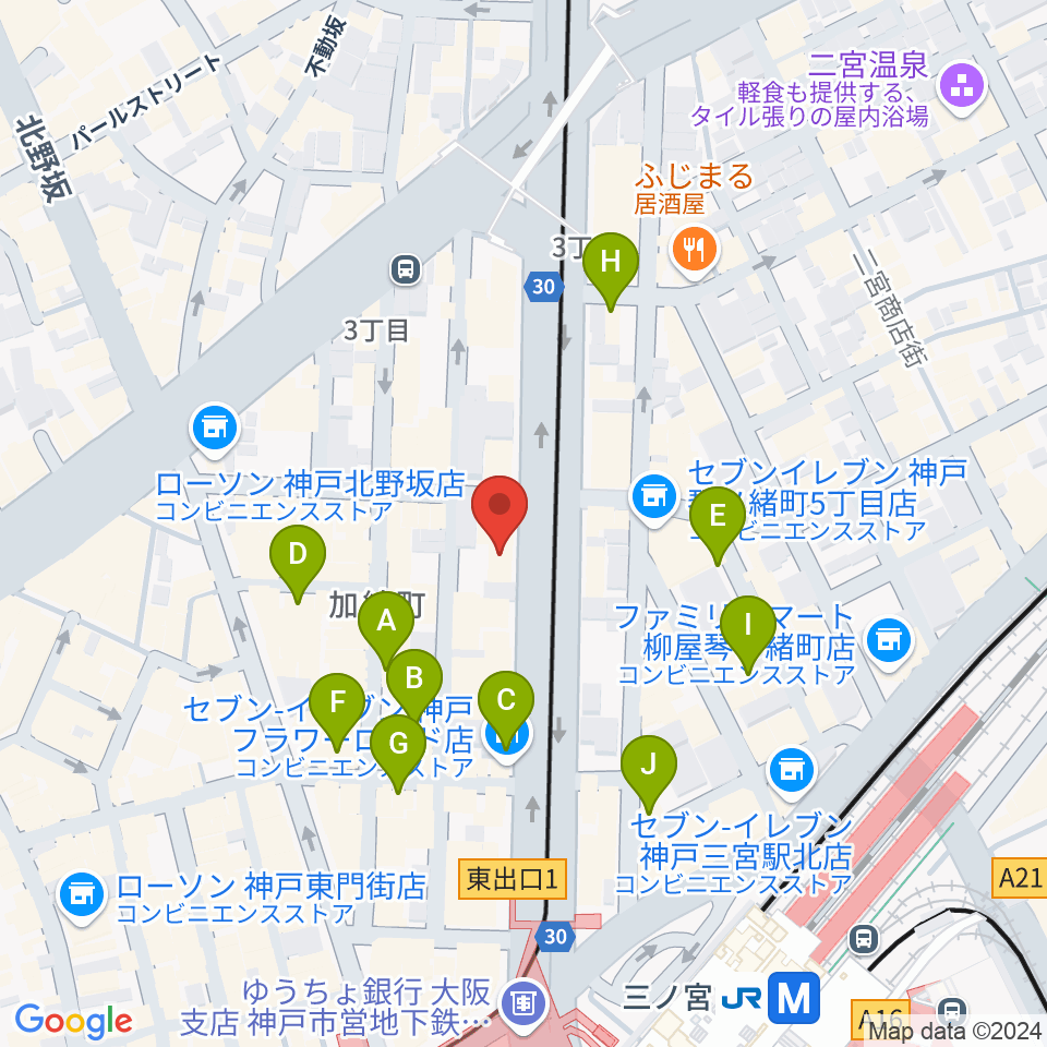 ジャパンギタースクール三宮校周辺のカフェ一覧地図