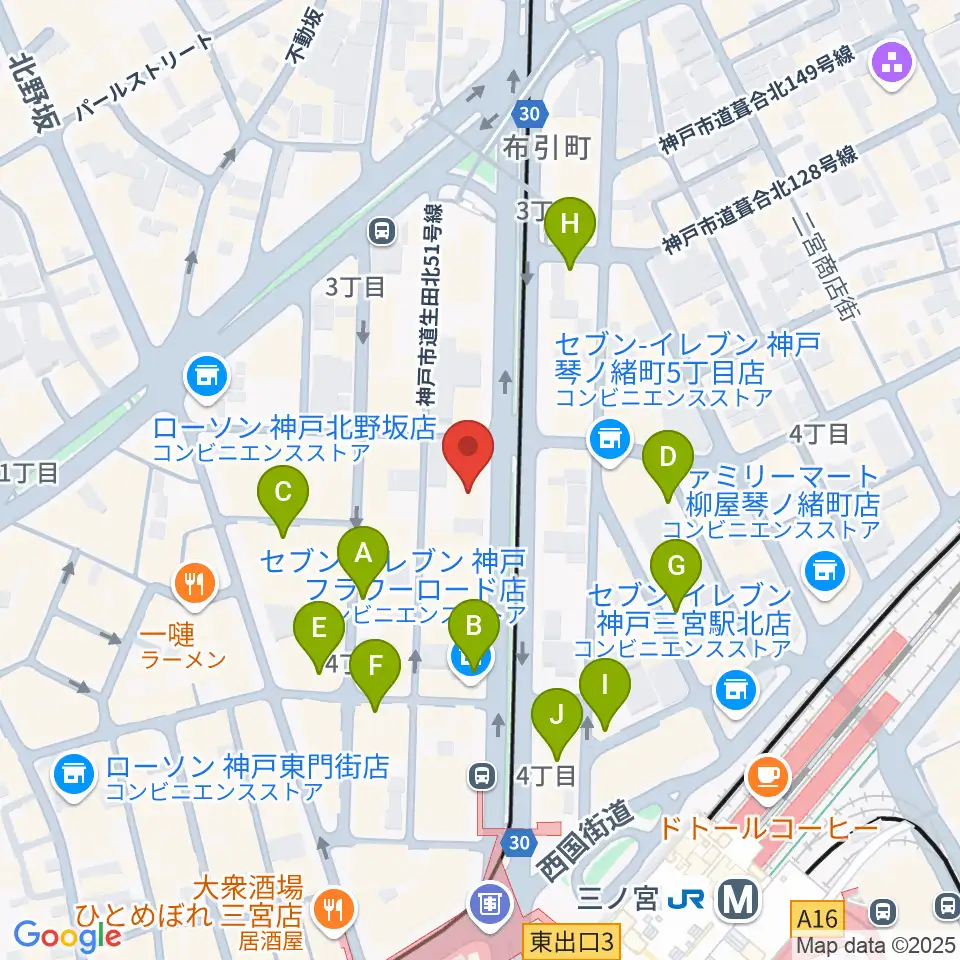 ジャパンギタースクール三宮校周辺のカフェ一覧地図