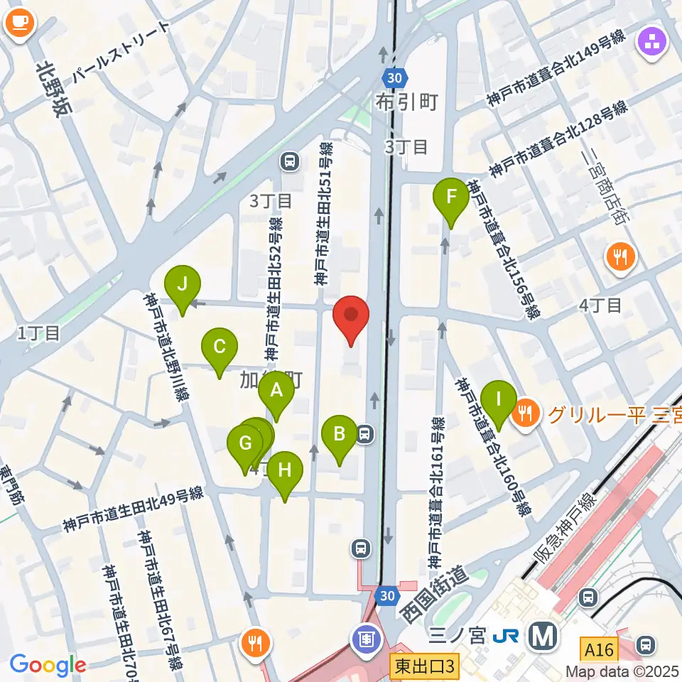 ジャパンギタースクール三宮校周辺のカフェ一覧地図