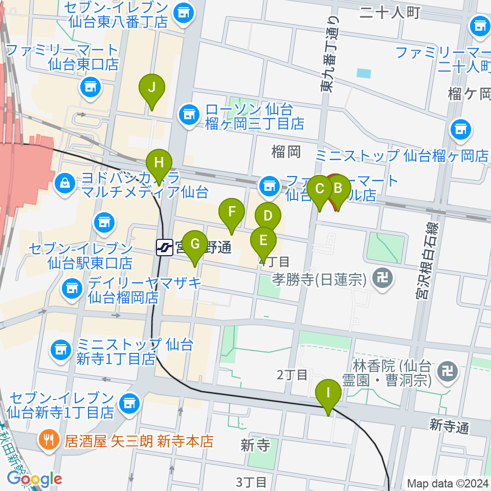 仙台音屋スタジオ＋周辺のカフェ一覧地図