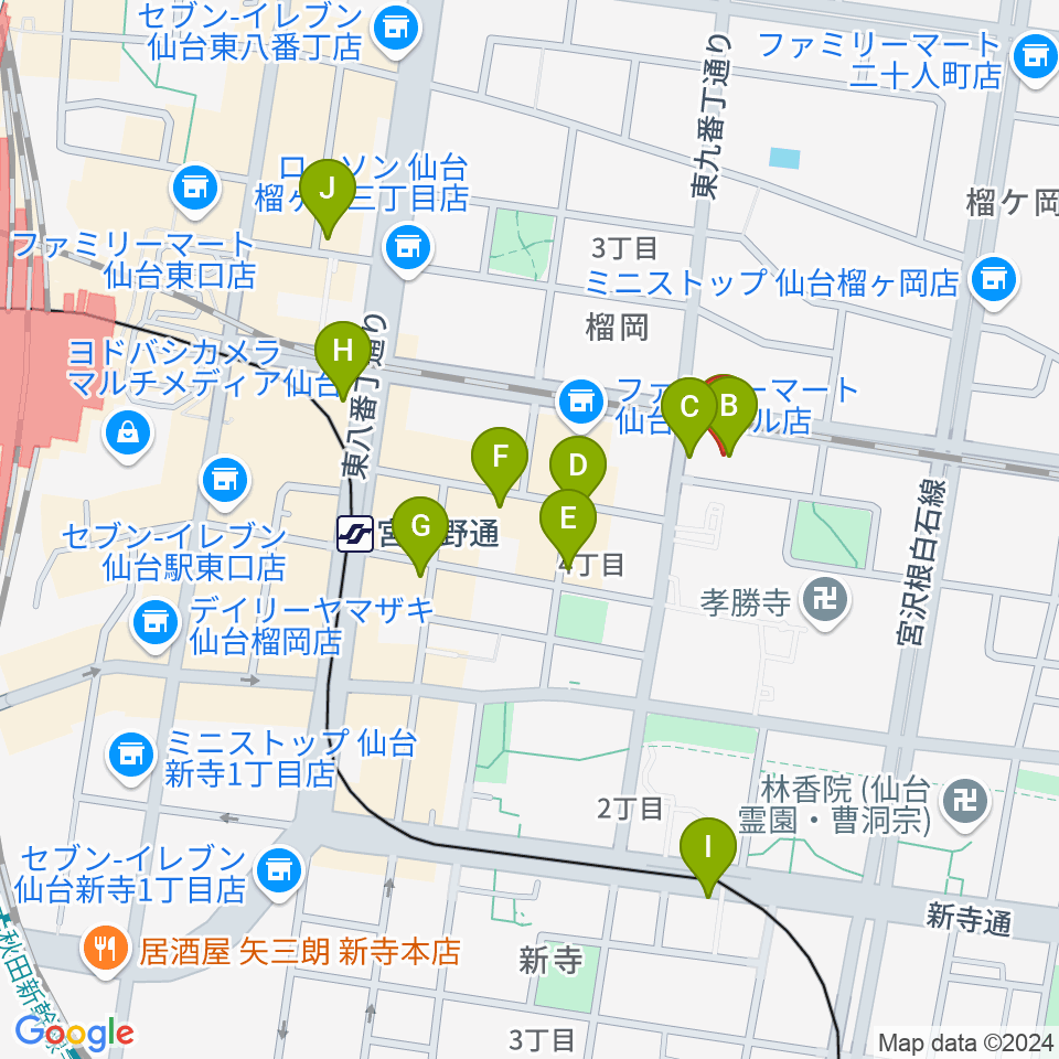 仙台音屋スタジオ＋周辺のカフェ一覧地図