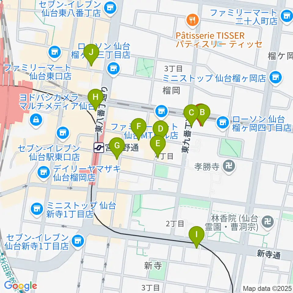 仙台音屋スタジオ+周辺のカフェ一覧地図