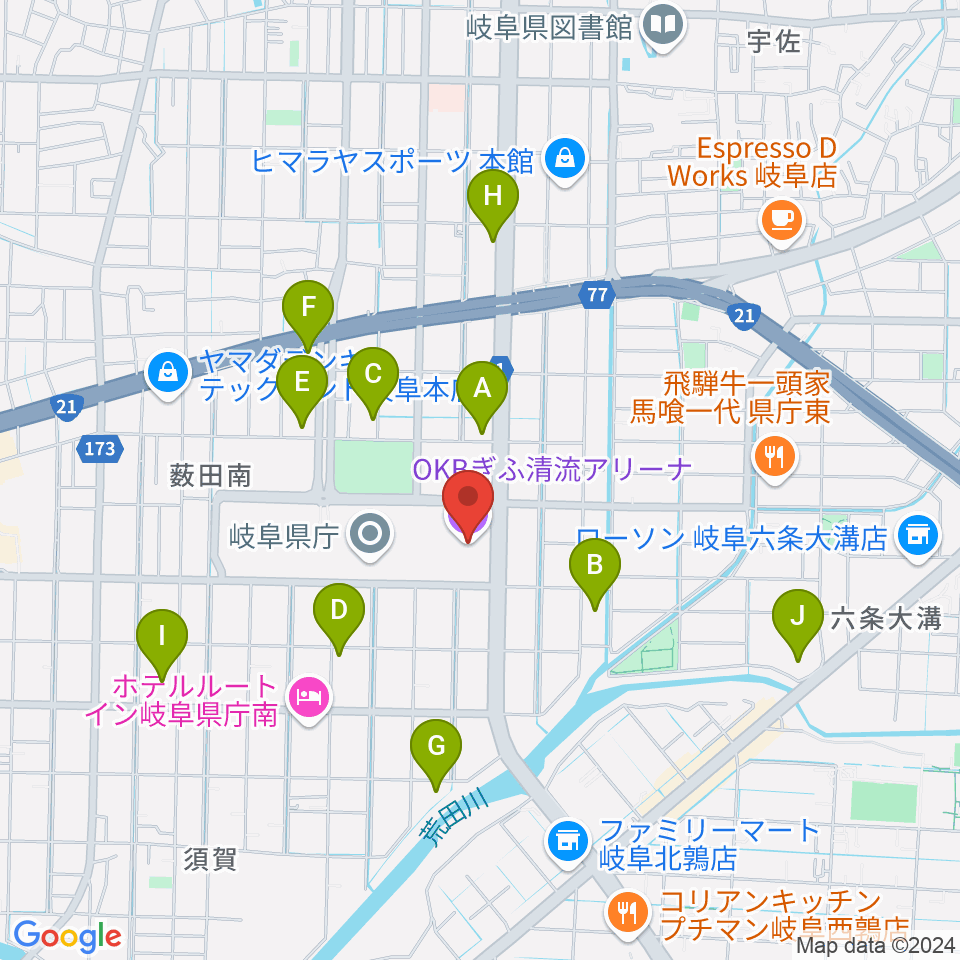 OKBぎふ清流アリーナ周辺のカフェ一覧地図