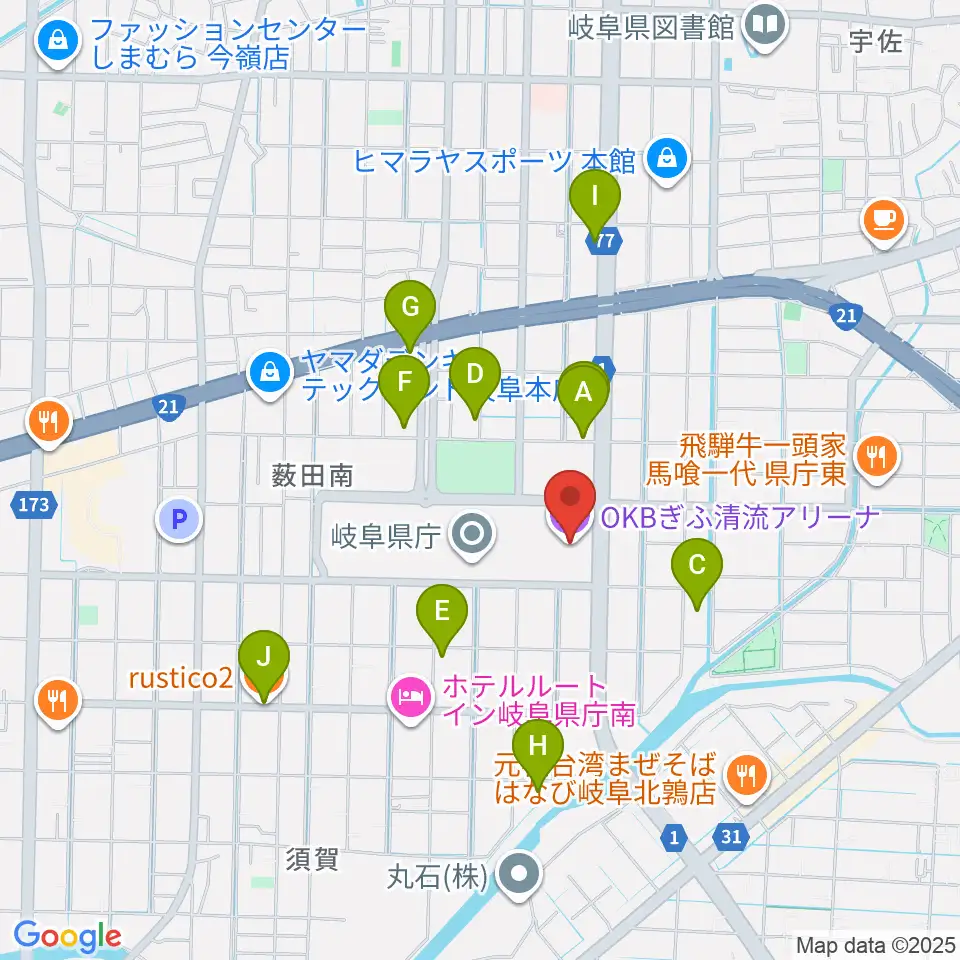 OKBぎふ清流アリーナ周辺のカフェ一覧地図
