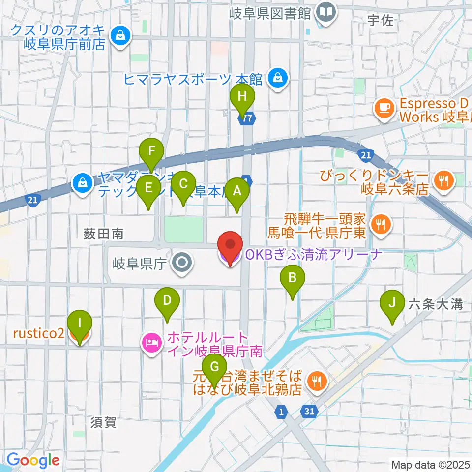 OKBぎふ清流アリーナ周辺のカフェ一覧地図