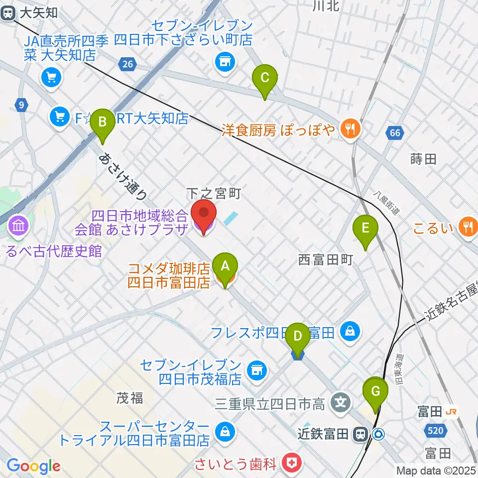 四日市地域総合会館あさけプラザ周辺のカフェ一覧地図