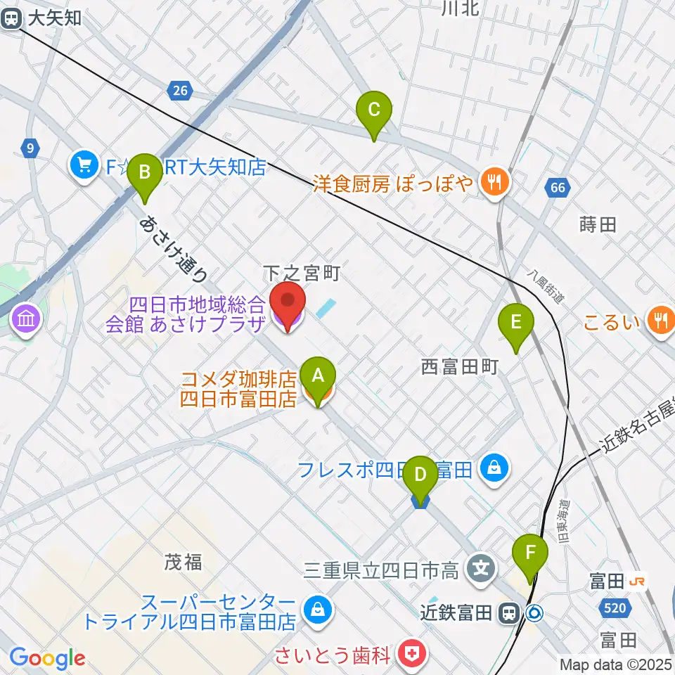 四日市地域総合会館あさけプラザ周辺のカフェ一覧地図