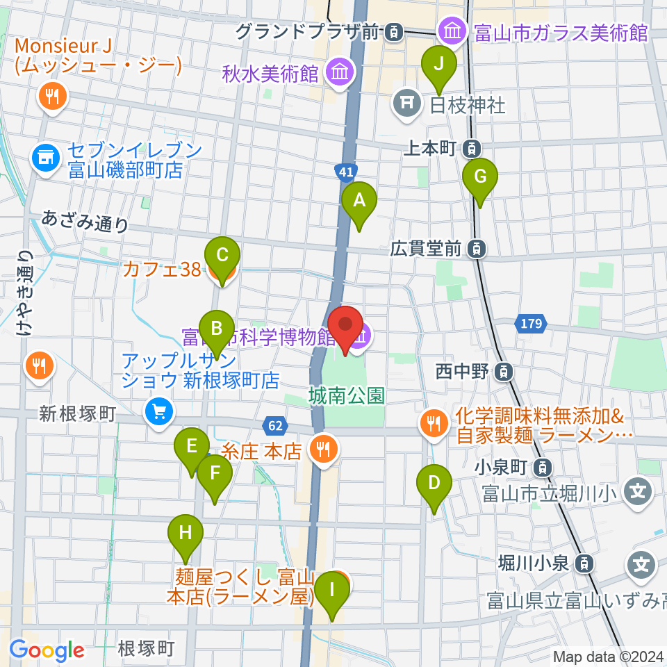 富山市科学博物館周辺のカフェ一覧地図