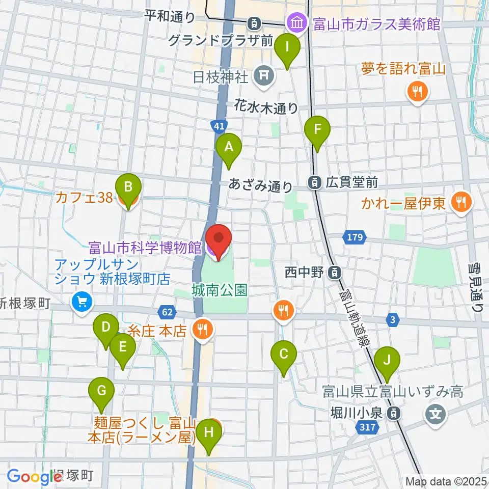 富山市科学博物館周辺のカフェ一覧地図