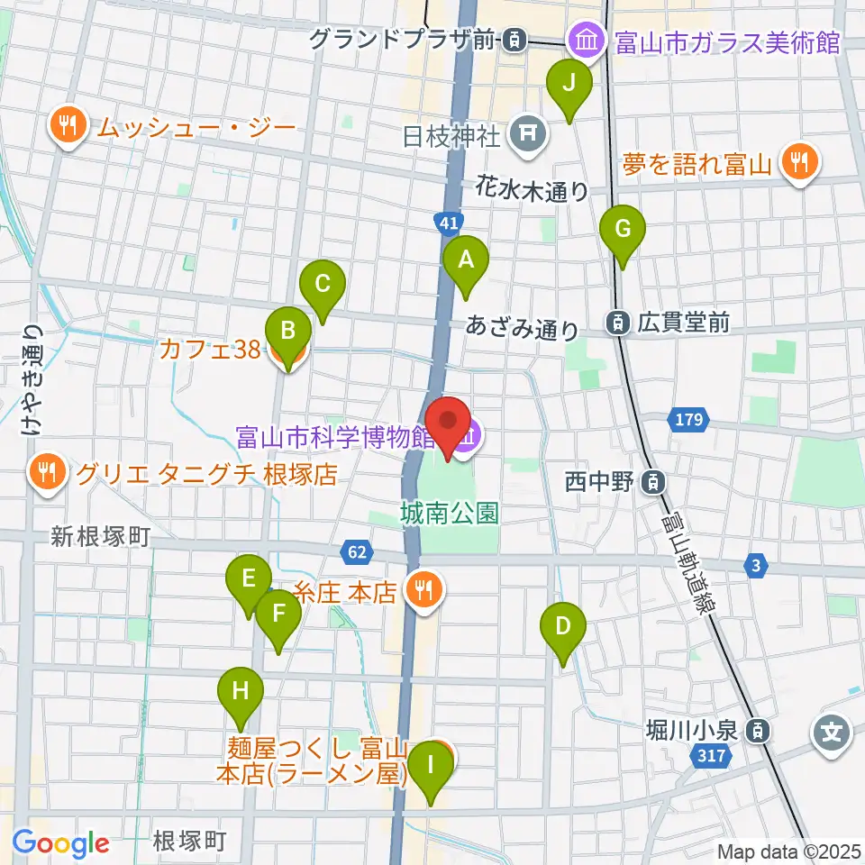富山市科学博物館周辺のカフェ一覧地図
