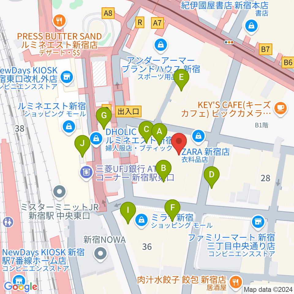 新宿武蔵野館周辺のカフェ一覧地図