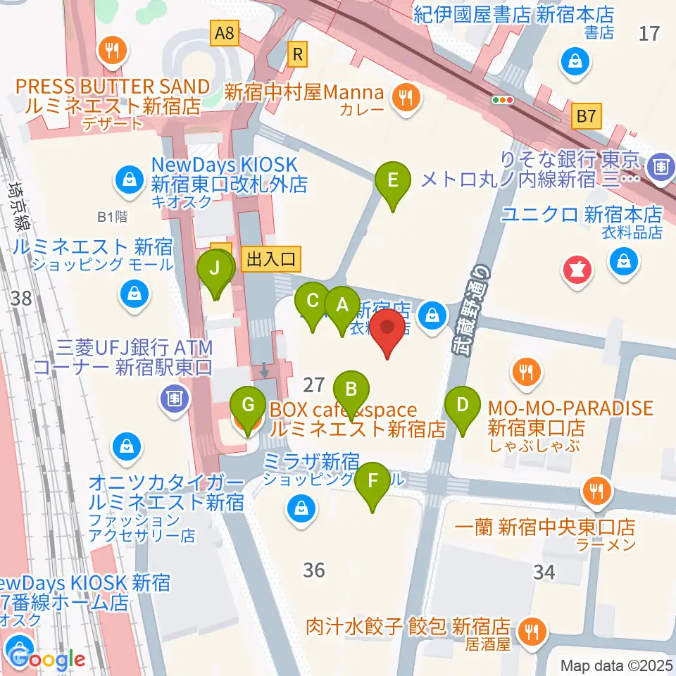 新宿武蔵野館周辺のカフェ一覧地図
