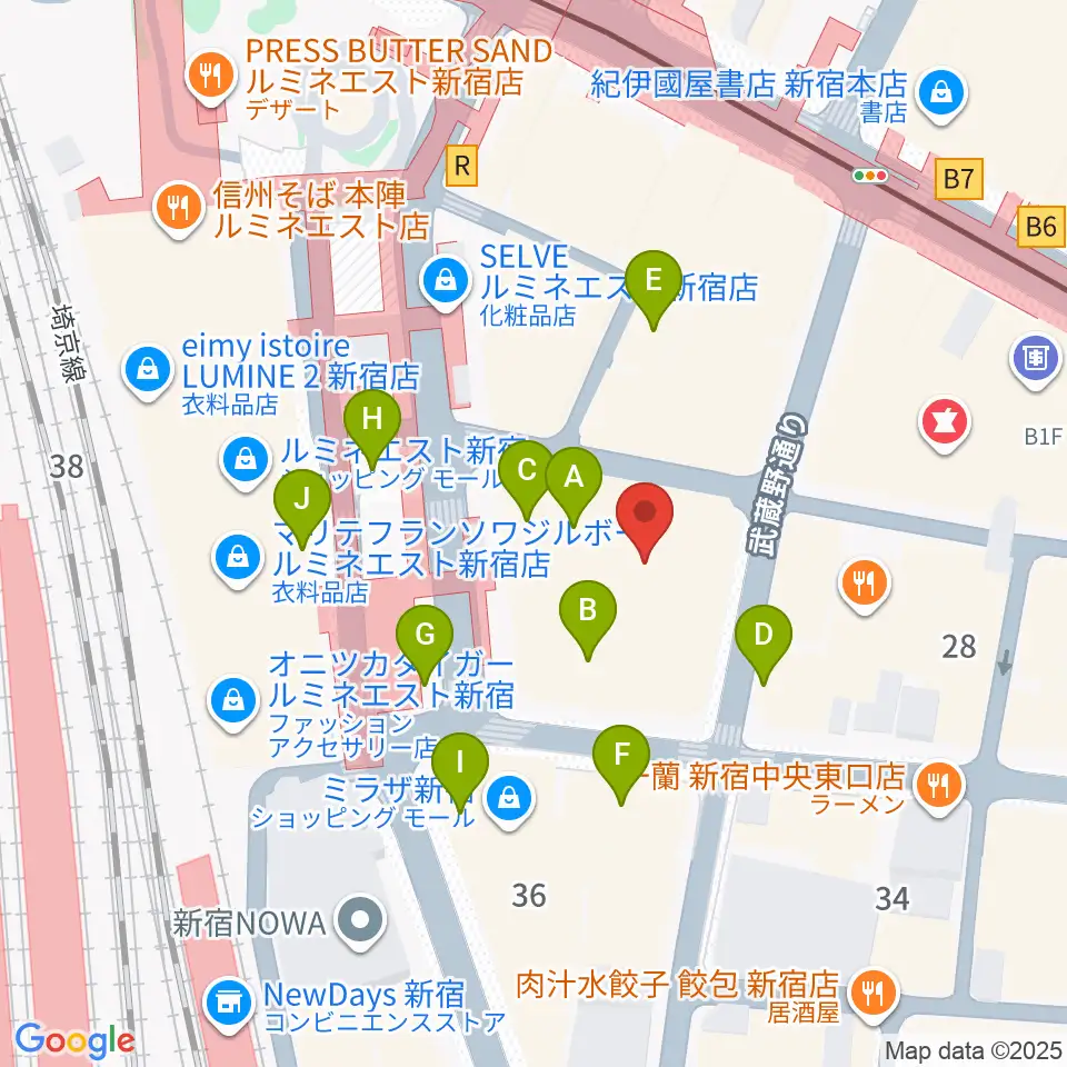 新宿武蔵野館周辺のカフェ一覧地図