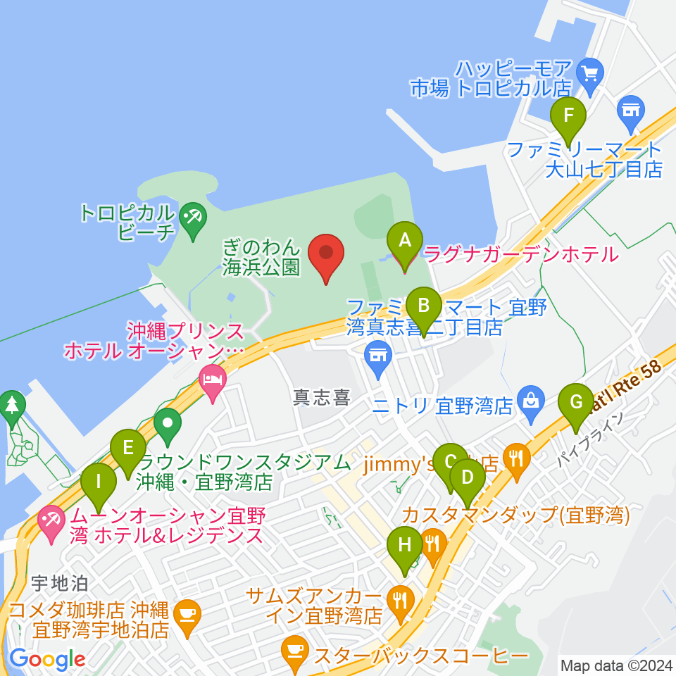 宜野湾市立体育館周辺のカフェ一覧地図