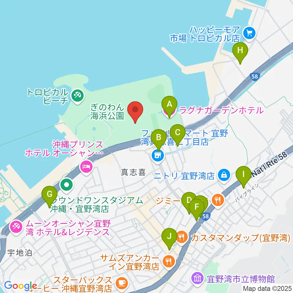 宜野湾市立体育館周辺のカフェ一覧地図
