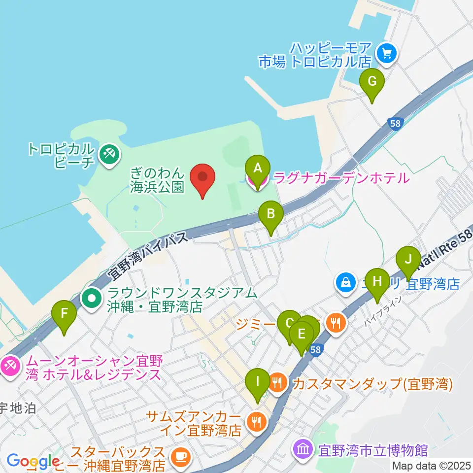 宜野湾市立体育館周辺のカフェ一覧地図