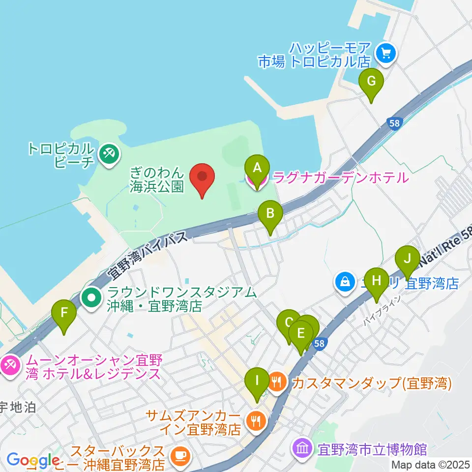 宜野湾市立体育館周辺のカフェ一覧地図