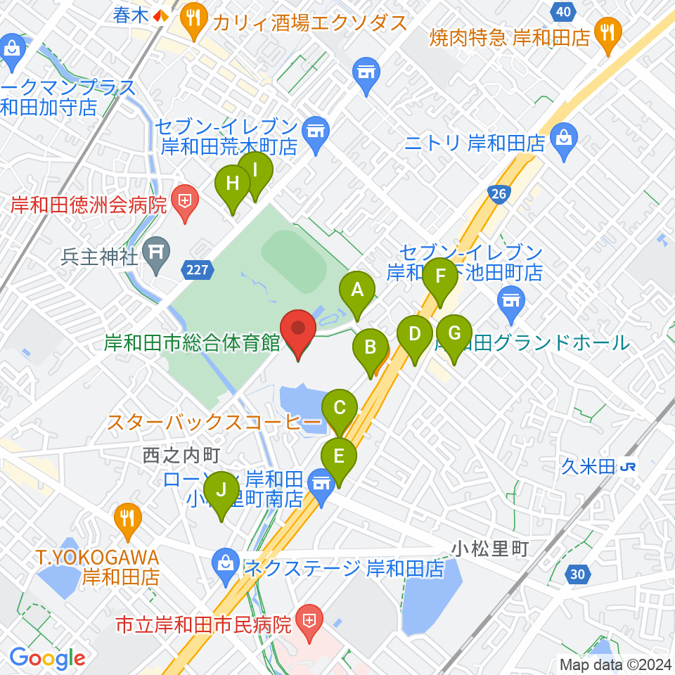岸和田市総合体育館周辺のカフェ一覧地図