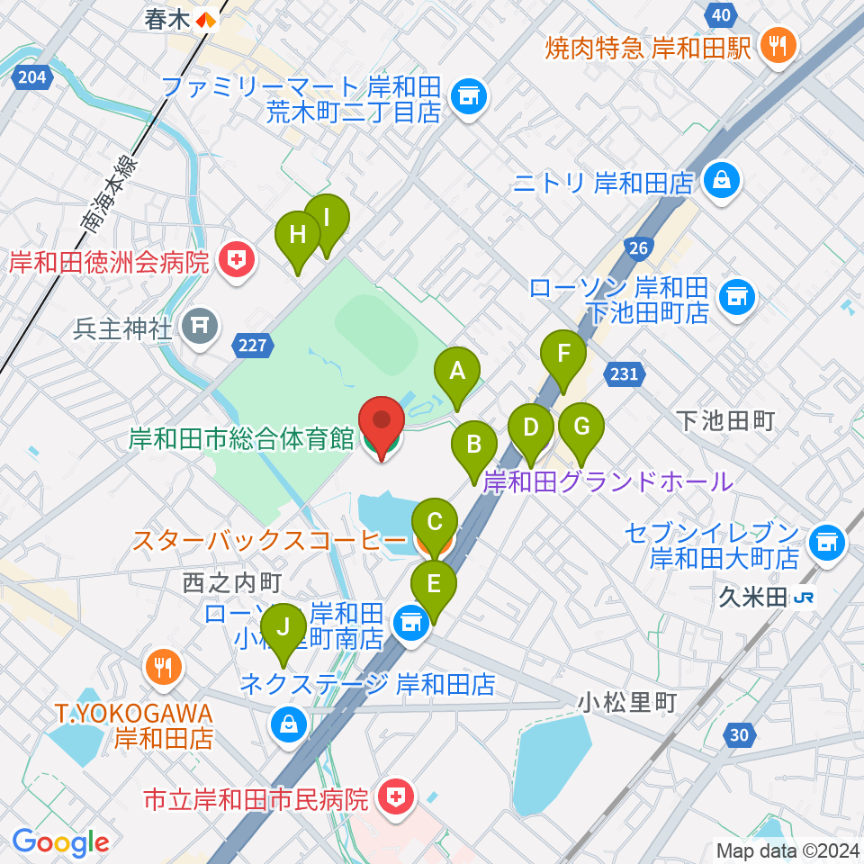 岸和田市総合体育館周辺のカフェ一覧地図