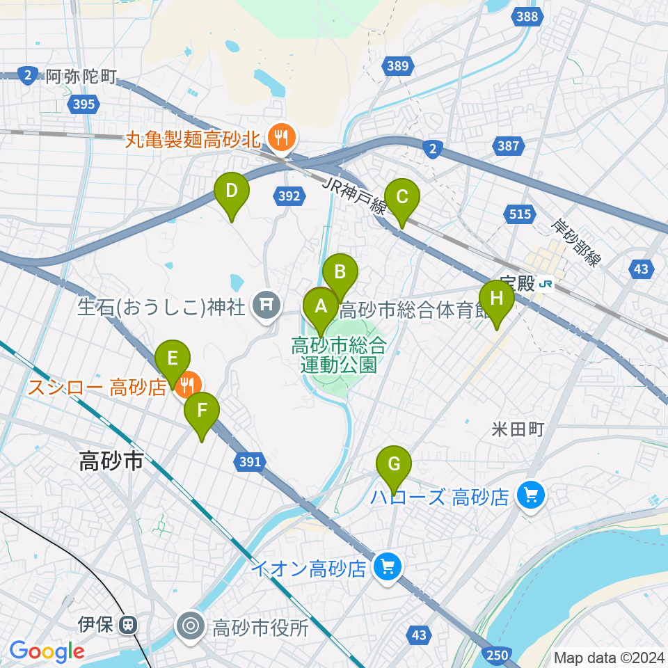 高砂市総合体育館周辺のカフェ一覧地図