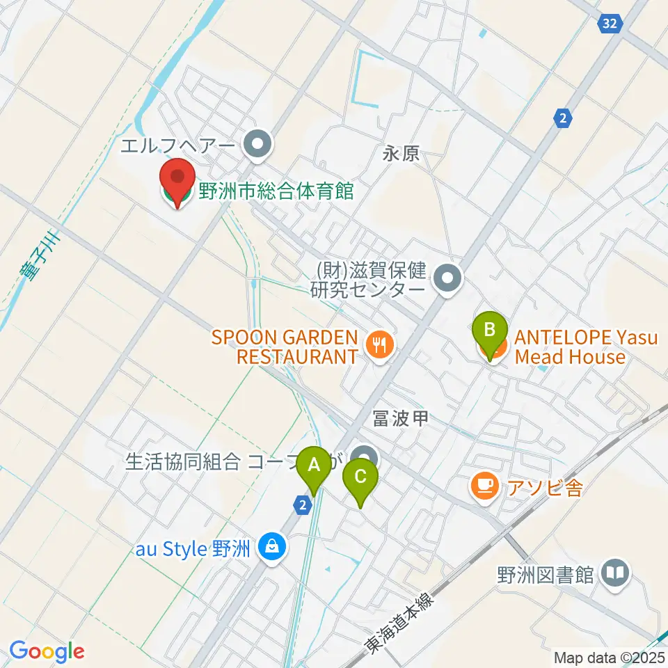 野洲市総合体育館周辺のカフェ一覧地図