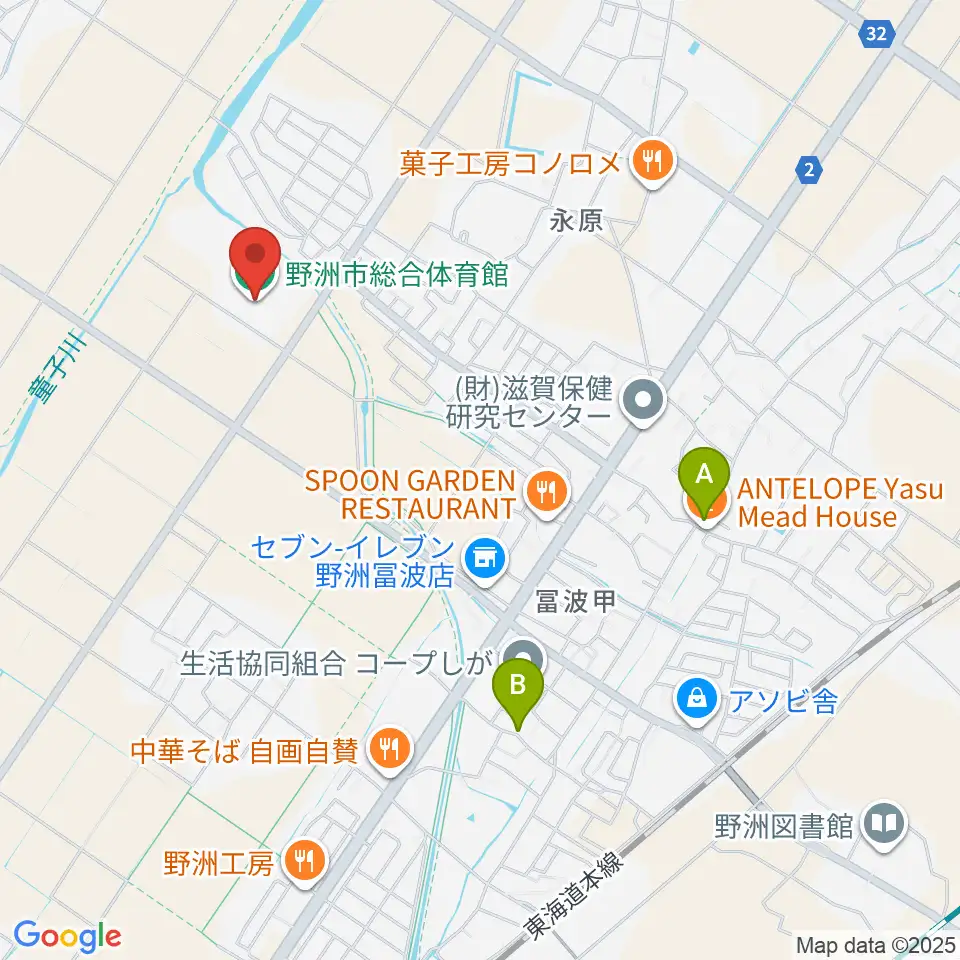 野洲市総合体育館周辺のカフェ一覧地図