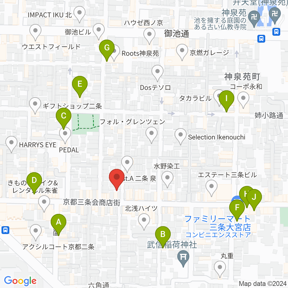 京都・二条駅のピアノとリトミック教室周辺のカフェ一覧地図