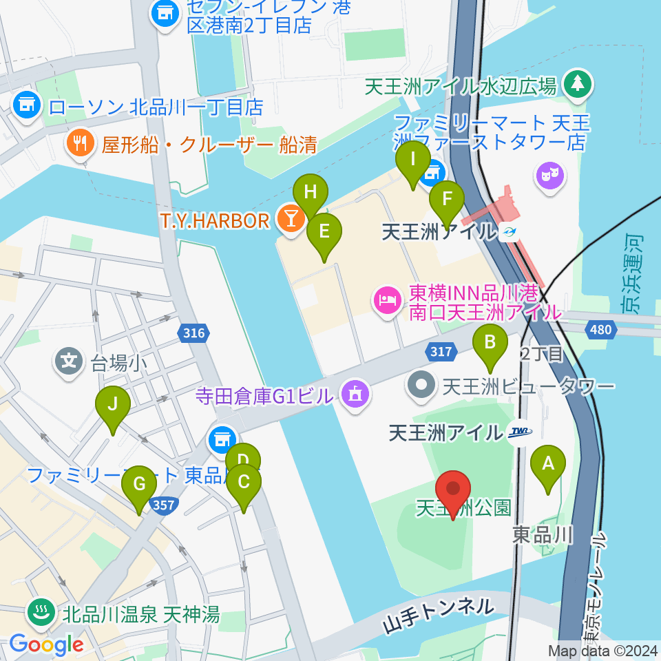 天王洲公園野球場周辺のカフェ一覧地図