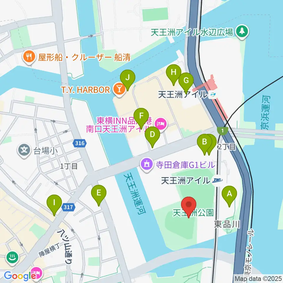天王洲公園野球場周辺のカフェ一覧地図