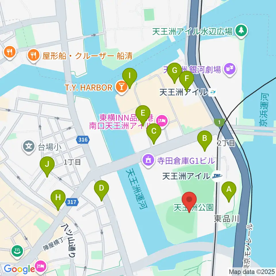天王洲公園野球場周辺のカフェ一覧地図