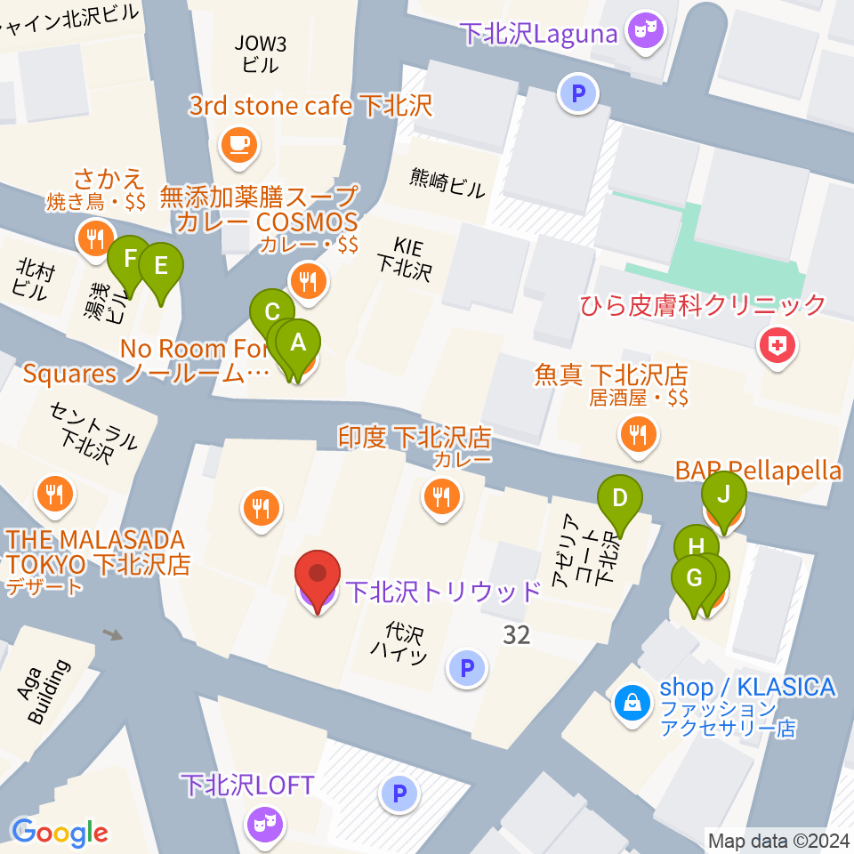 下北沢トリウッド周辺のカフェ一覧地図