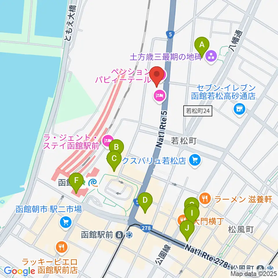 函館ARARA周辺のカフェ一覧地図