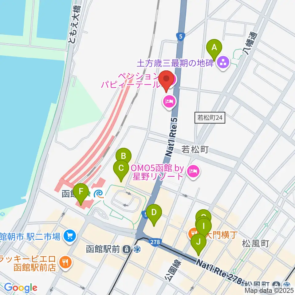 函館ARARA周辺のカフェ一覧地図