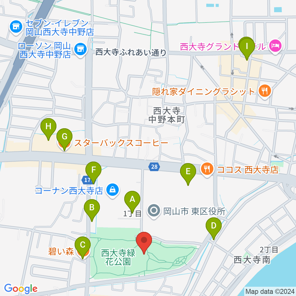 西大寺緑花公園・百花プラザ周辺のカフェ一覧地図