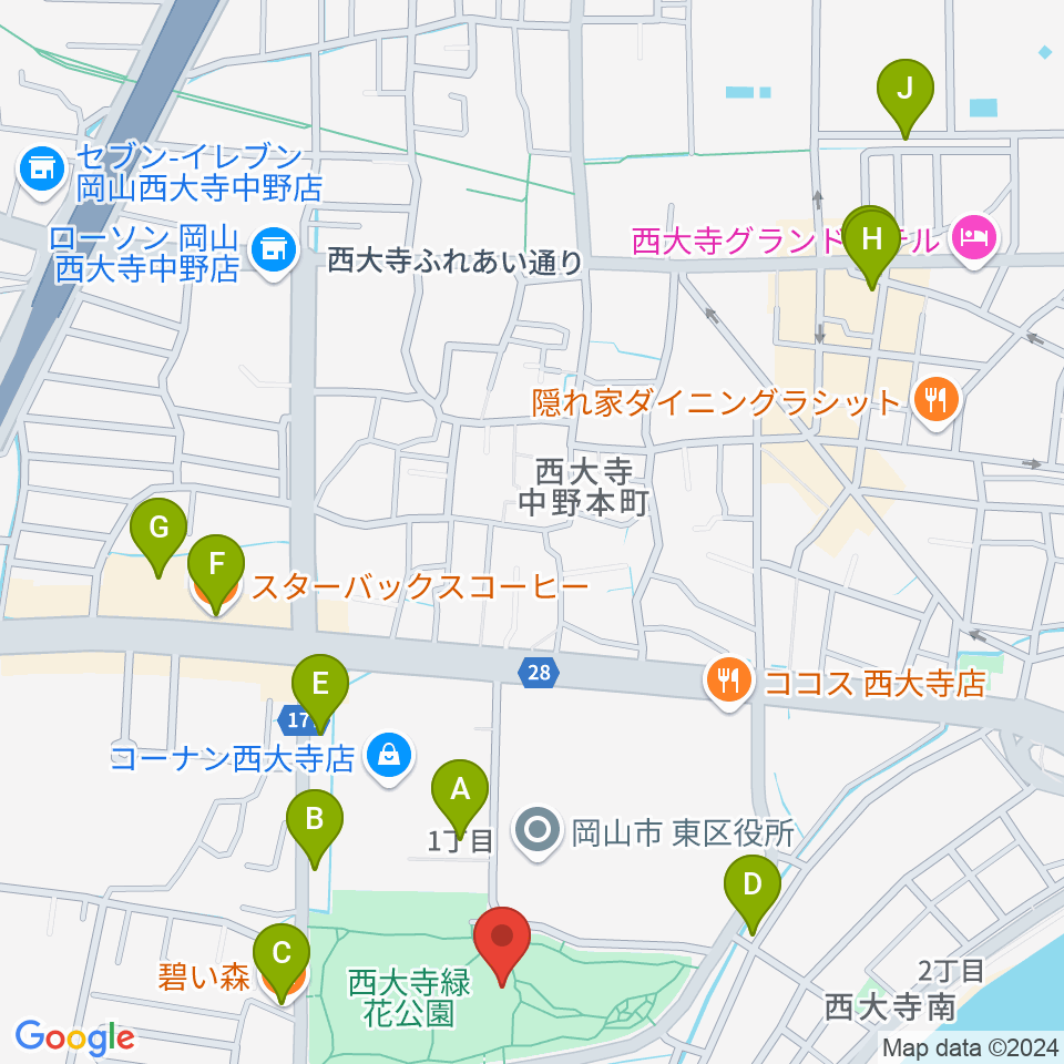 西大寺緑花公園・百花プラザ周辺のカフェ一覧地図