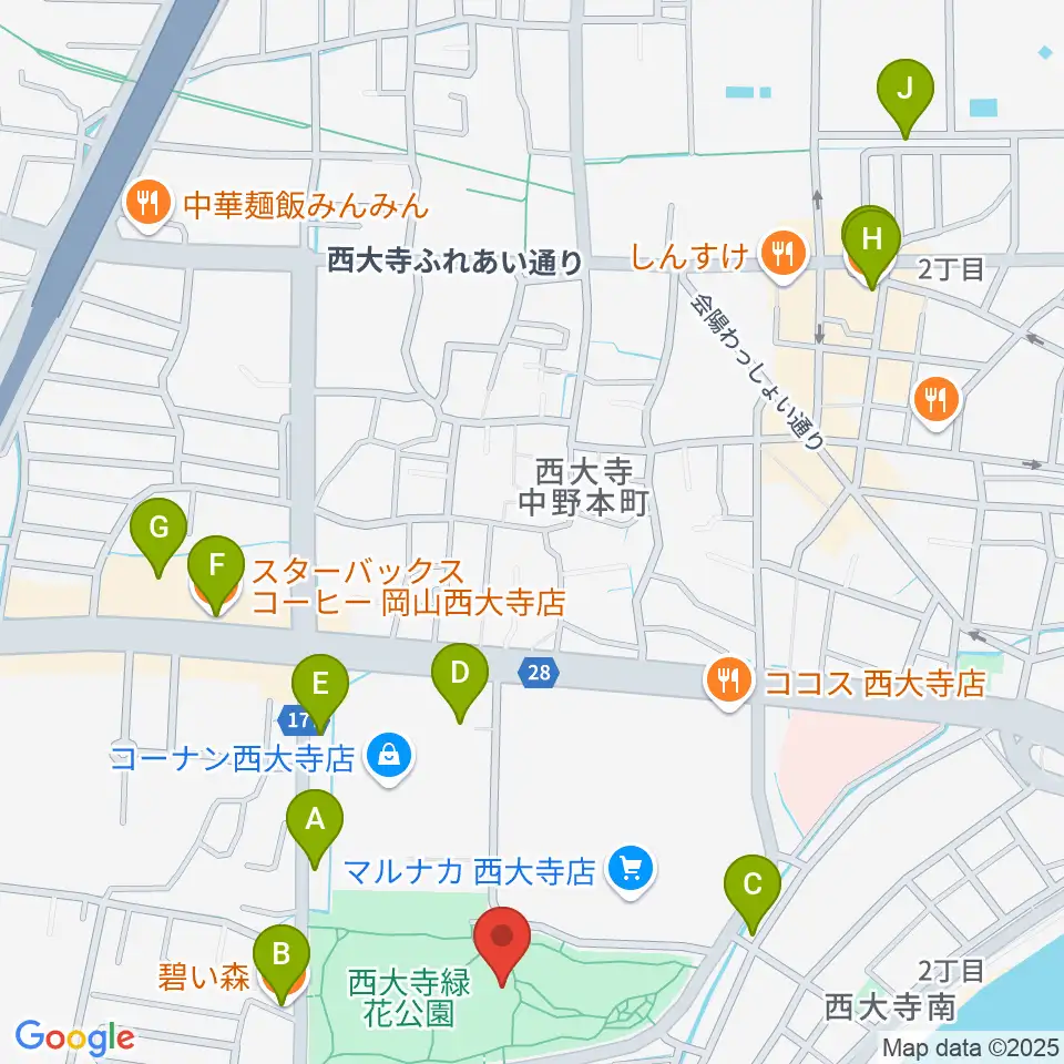 西大寺緑花公園・百花プラザ周辺のカフェ一覧地図