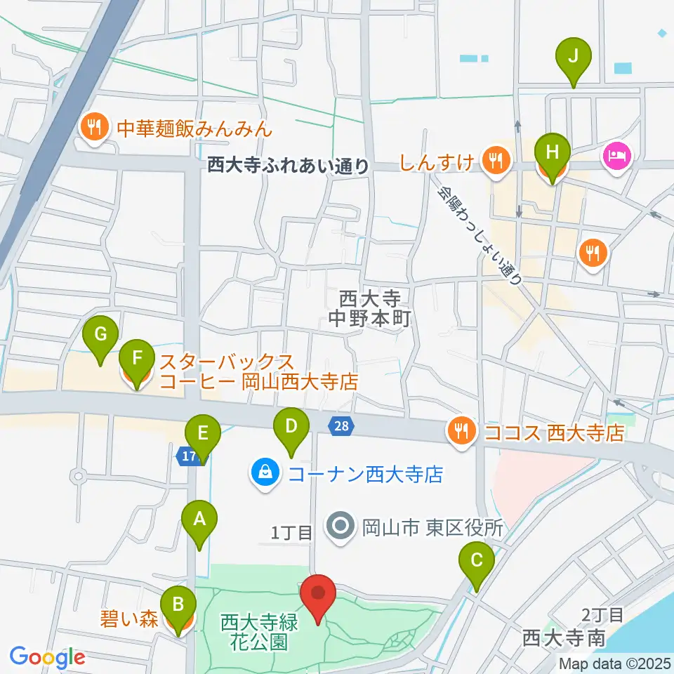 西大寺緑花公園・百花プラザ周辺のカフェ一覧地図
