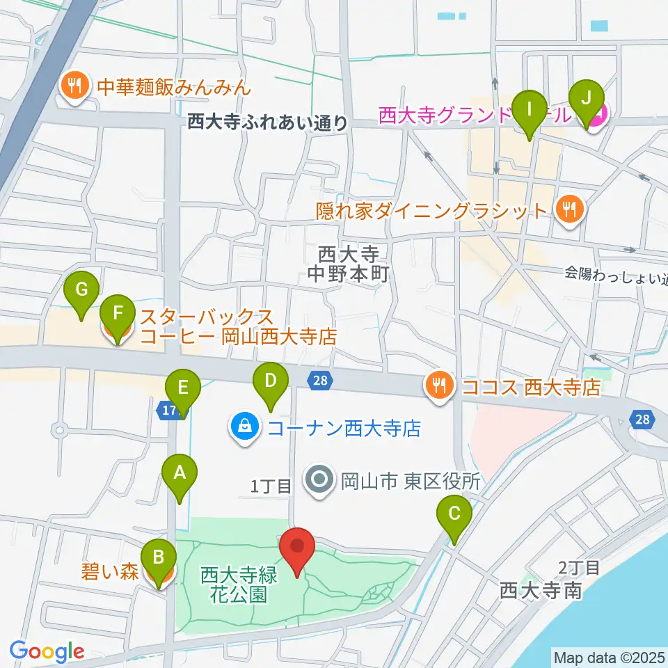 西大寺緑花公園・百花プラザ周辺のカフェ一覧地図