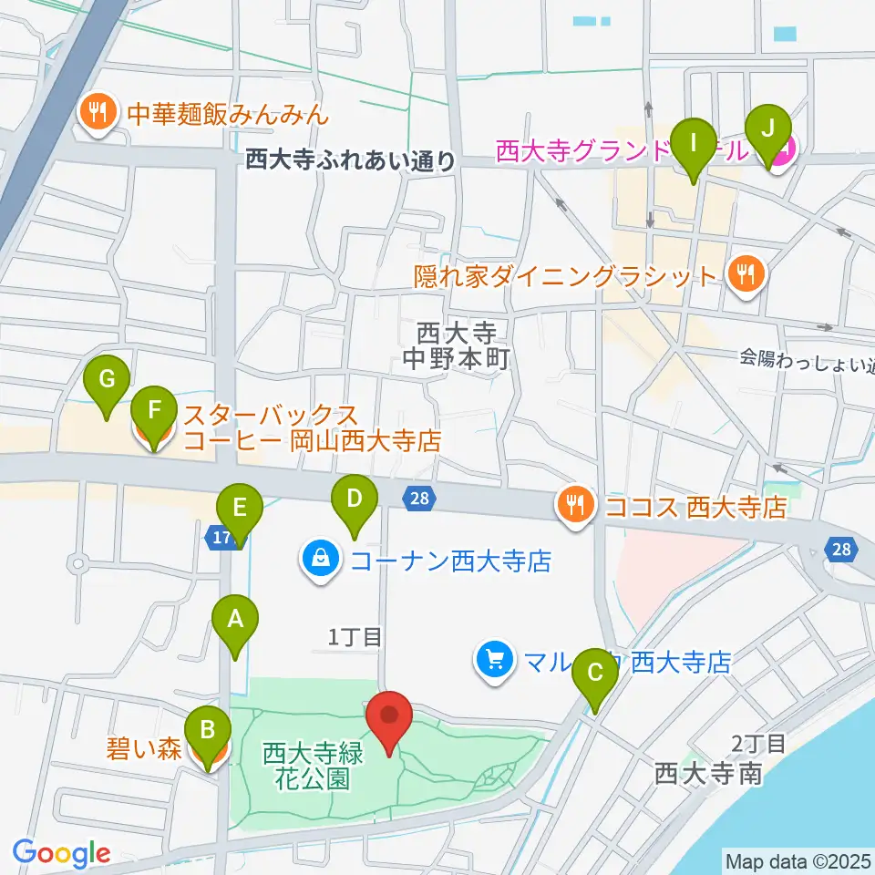 西大寺緑花公園・百花プラザ周辺のカフェ一覧地図