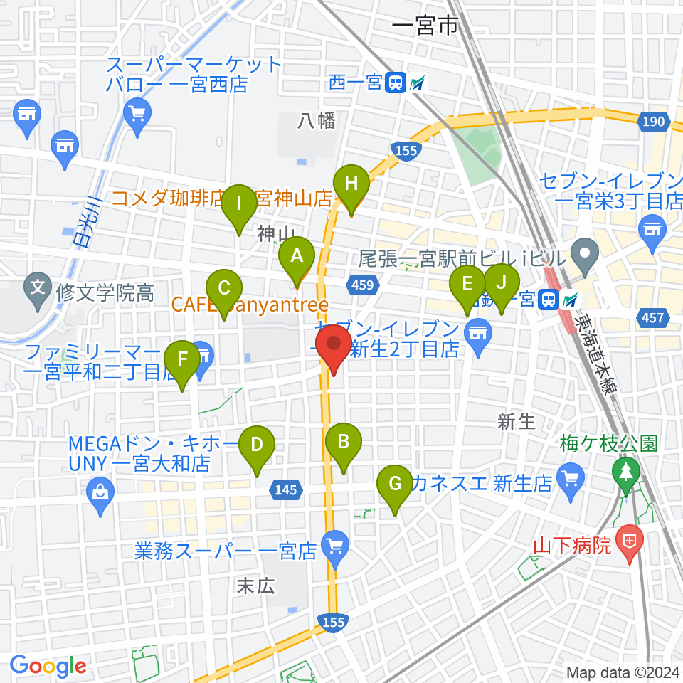 いちのみや中央プラザ体育館周辺のカフェ一覧地図