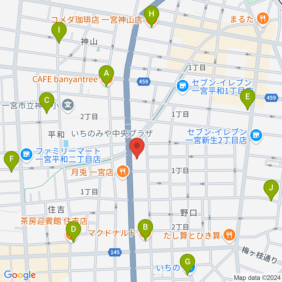 いちのみや中央プラザ体育館周辺のカフェ一覧地図