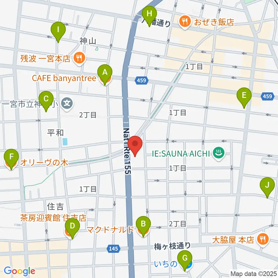 いちのみや中央プラザ体育館周辺のカフェ一覧地図