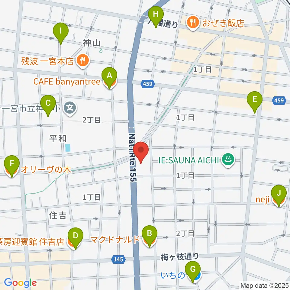 いちのみや中央プラザ体育館周辺のカフェ一覧地図