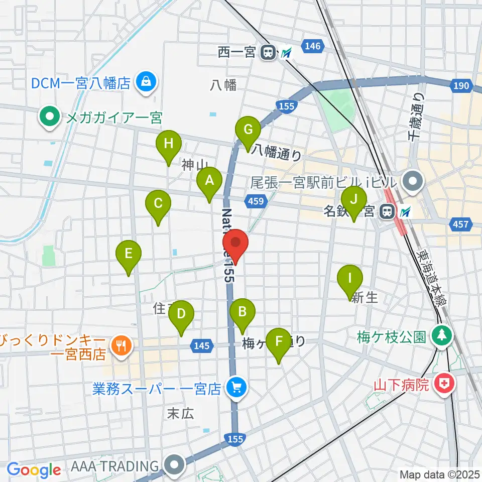 いちのみや中央プラザ体育館周辺のカフェ一覧地図