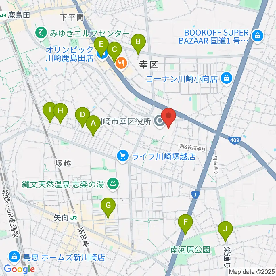 川崎市幸市民館周辺のカフェ一覧地図