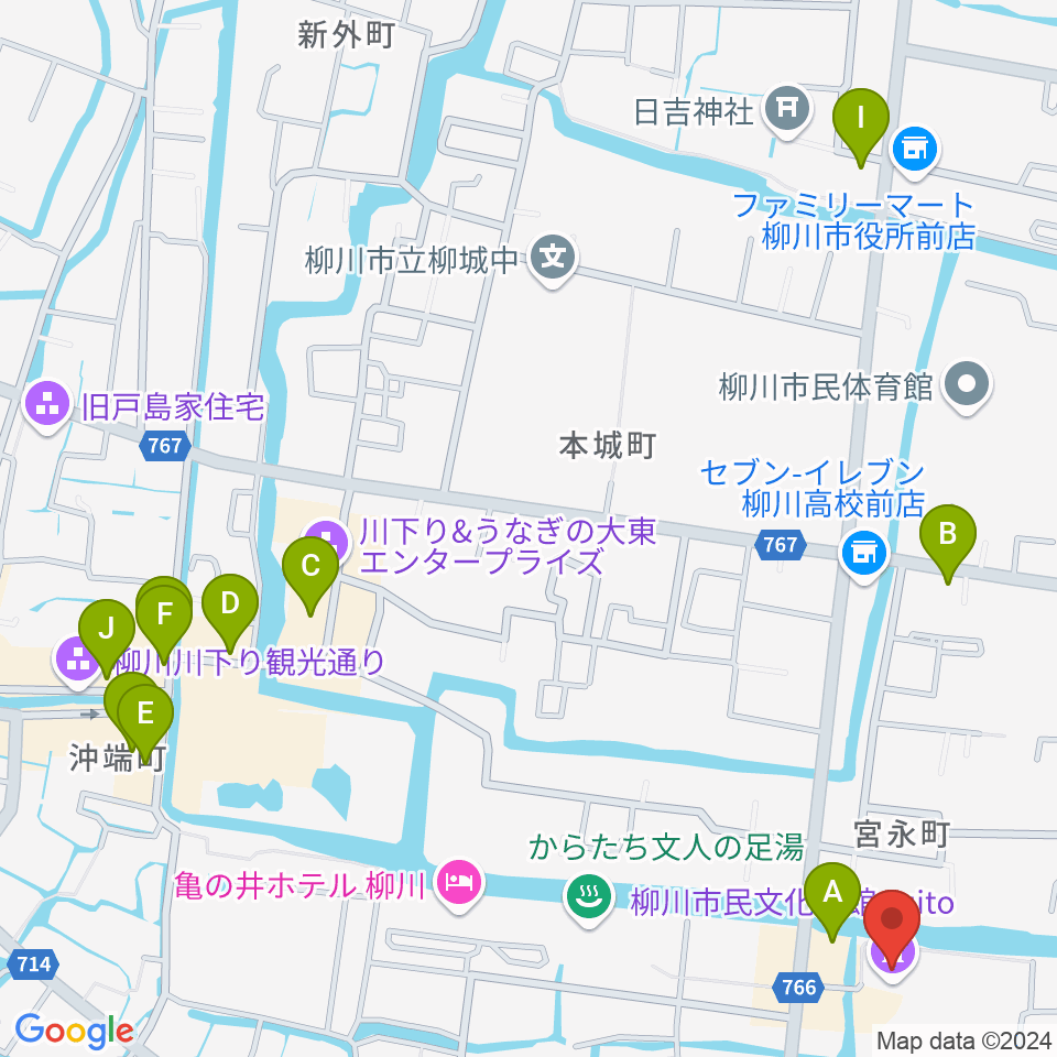 柳川市民文化会館（水都やながわ）周辺のカフェ一覧地図