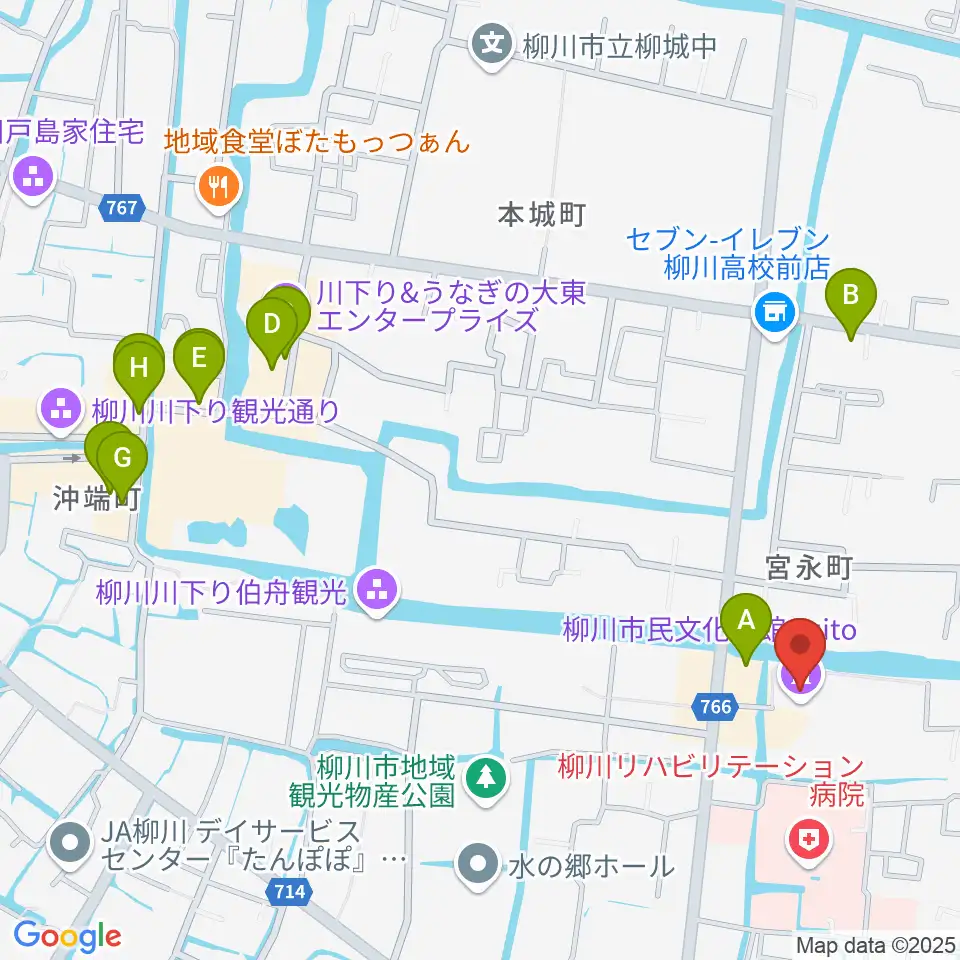 柳川市民文化会館(水都やながわ)周辺のカフェ一覧地図