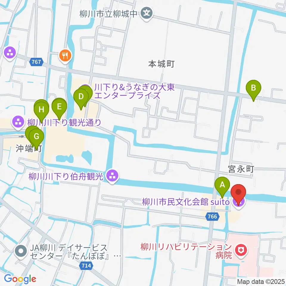 柳川市民文化会館(水都やながわ)周辺のカフェ一覧地図