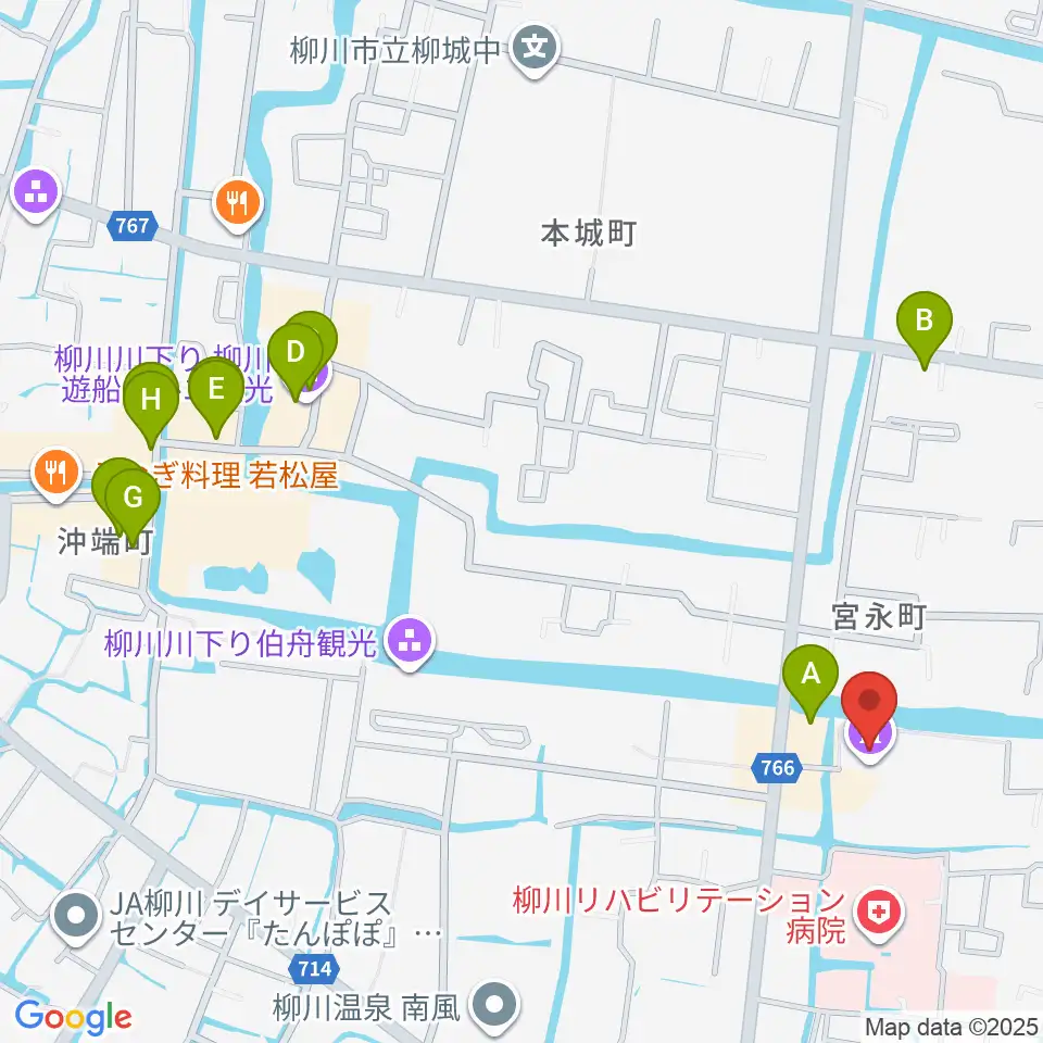 柳川市民文化会館（水都やながわ）周辺のカフェ一覧地図