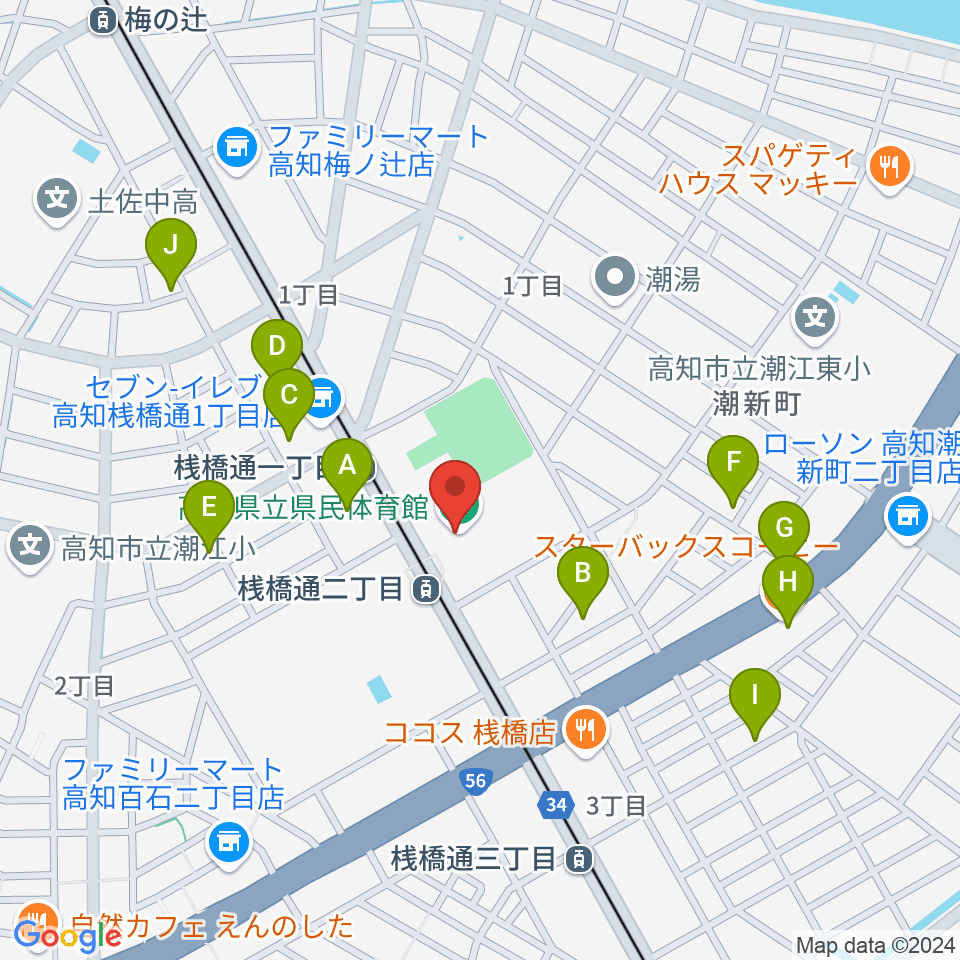 高知県立県民体育館周辺のカフェ一覧地図